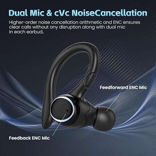 Wireless Earbuds Bluetooth 5.3 Headphones Stereo Ear Buds, ENC Noise Cancelling Mic,IPX7 Waterproof Earphones with Hook for Android iOS Smart Phone Laptop Computer Sports - Black