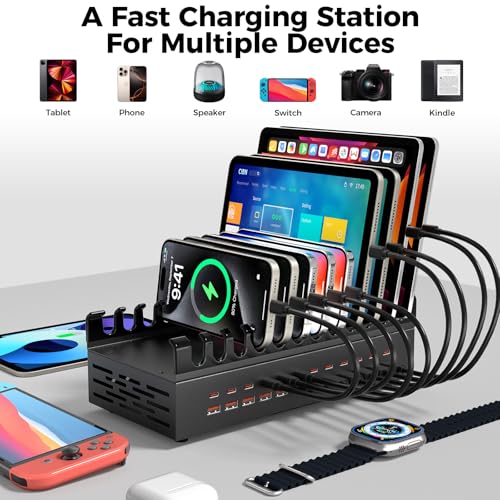 여러 장치용 300W USB 충전 스테이션, 24포트 USB C 고속 충전 스테이션, 태블릿, 노트북, 휴대폰, 아이폰, 아이패드와 호환되는 멀티 기기 충전기 스테이션 오거나이저 (300, 와트)