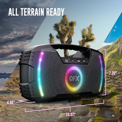Powerful & Portable Waterproof All Terrain Bluetooth Speaker with Deep Bass, LED Party Lights, Fast USB-C Charging, FM Radio, AUX – QFX BT-ZX35 | Powerful 2.7" Full-Range Drivers, Deep Bass, Fast USB-C Charging, FM Radio, LED Party Lights, AUX/USB/TF Card