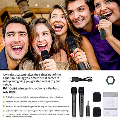K380A Wireless Microphones - Dual UHF Handheld Cordless Mics with Rechargeable Bluetooth Receiver - Karaoke/Speech/Church (Elegant Black)