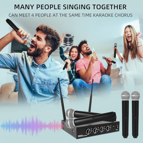 UHF 4-Channel Wireless Microphone System - 4 Handheld Dynamic Mics, 130ft Range Cordless Mic for Karaoke, Singing, DJ, Church, Wedding & Live Events (G02-4*Microphones)
