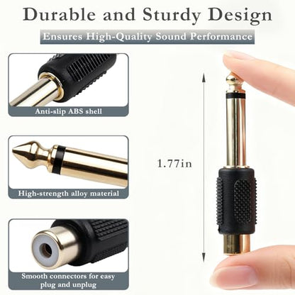 RCA to 1/4" Audio Adapter (6-Pack) – 6.35mm Mono Male Plug to RCA Female Connector, Gold-Plated Audio Jack for Speakers, Amps, Instruments & Home Theater