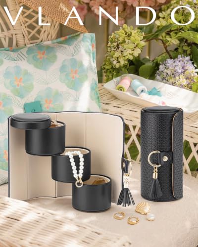 VLANDO Travel Jewelry Organizer, 3 Tier Roll Up Design, Hard Shell Storage | Stepped Sections Compartments Keep Jewelry Visible, Soft Lining Protect Pieces, Snap Closure, Travel Gift for Women Girl - color: A.Black