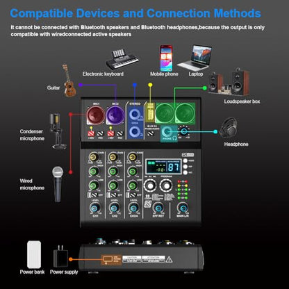 XR-4 4 Channel Small Audio Mixer Bluetooth Playback DJ console | 99 DSP sound effects, +48V phantom power, USB recording, portable design for karaoke and live performance