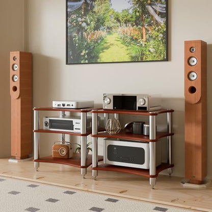 3-Tier AV Media Stand with Speaker Spikes, Stereo Racks and Stand | Audio Equipment Cabinet Entertainment Device Open Air Storage, Dark Wood - size: 3-Tier