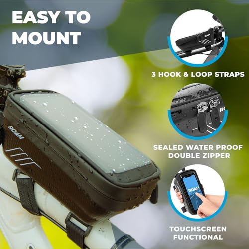 Roam Bike Universal Phone Holder + Waterproof Zipper Storage Case - Fits Smartphones Up To 4" x 7" - Velcro Strap Mounts To Bicycle Frame - Full Touchscreen Capabilities - Black