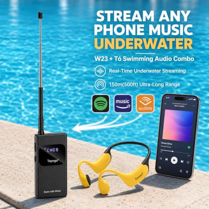 Tayogo Swimming Headphones T6 + W23 Bone Conduction, Under Water Audio System, Spotify Swim Headset, No Need to Download, Waterproof FM Receiving & Bluetooth Open Ear Swim Headset for Training - color: Yellow