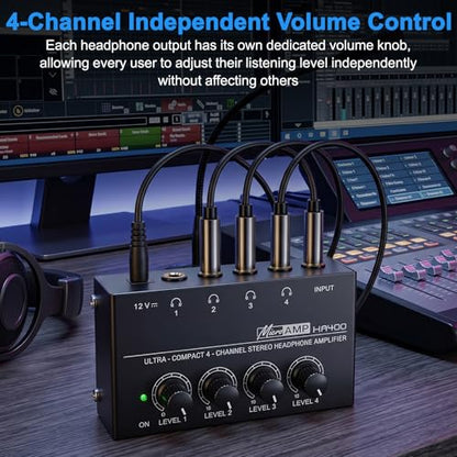 4 Channel Headphone Amplifier, Mini Metal Stereo Audio Amp with 1/4" TRS Input & 4 TRS Outputs, 12V Power Adapter, Portable Headphone Splitter Amplifier for PC, Guitar, Studio, Stage