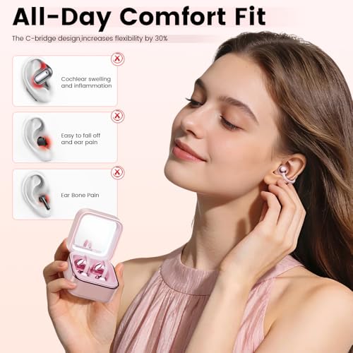 Clip On Ear Headphones with a Makeup Mirror, Open Ear Earbuds Wireless Bluetooth Earbuds,Ultra-Long Battery Life, for Android/iOS Phones (Rose Gold) - color: Rose gold