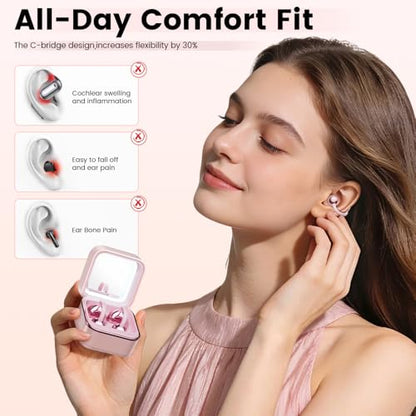 Clip On Ear Headphones with a Makeup Mirror, Open Ear Earbuds Wireless Bluetooth Earbuds,Ultra-Long Battery Life, for Android/iOS Phones (Rose Gold) - color: Rose gold