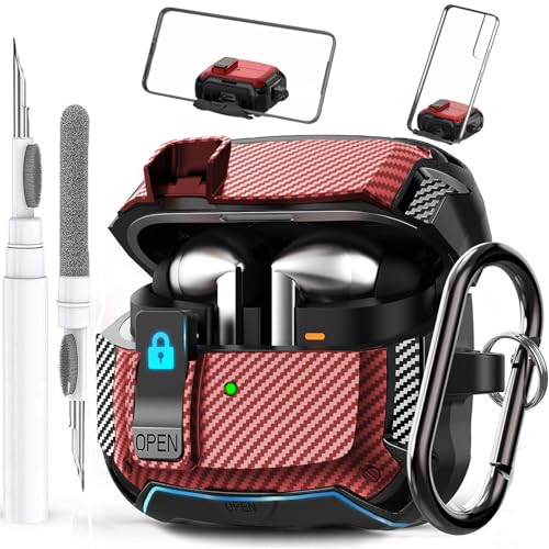 Galaxy Buds 3 Pro/3/3 FE Case Cover with Phone Stand&Lock Clip, Shockproof Galaxy Buds 3 FE/3/3 Pro Protective Hard Cover Shell with Carabiner&Cleaner kit for Men Women, Carbon Black/Red - color: A-CFBlack/Red