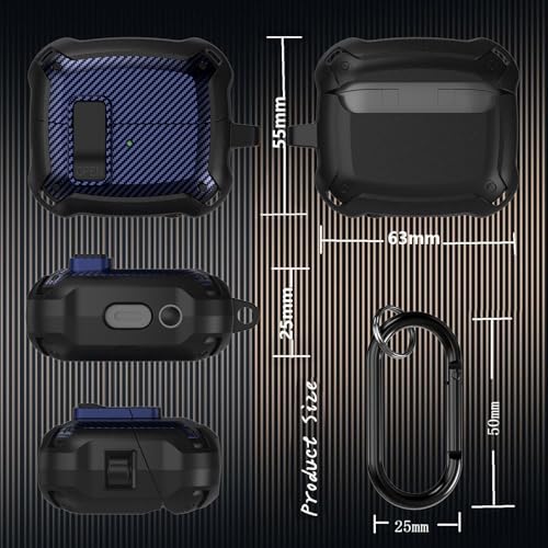 Compatible Samsung Galaxy Buds 3 Pro Case/Bud 3 Cover Clip with Cleaner Kit, Military Shell Protective Armor Case Cover with Lock & Carabiner for Galaxy Buds 3/3 Pro 2024 Men Women Black Blue - color: Black-Blue