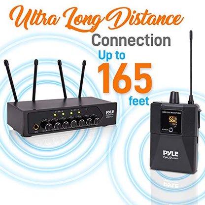 Pyle Portable UHF Wireless Microphone System - Battery Operated Four Bluetooth Cordless Microphone Set with 50 Channels Selectable Frequency, Receiver Base, AUX, for PA Karaoke DJ Party -PDWM4122