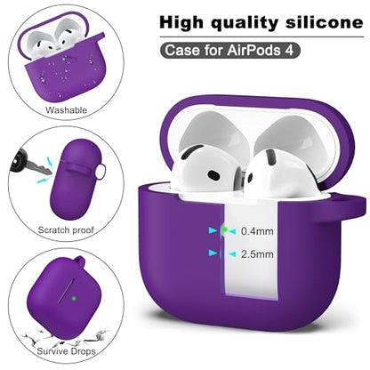 for AirPods 4th Case Cover with Cleaner Kit, Soft Skin Silicone Case Cover with Keychain, Full Protective Case for Men and Women, Compatible with Apple Latest AirPods 4 Case 2024, Purple - color: C Purple