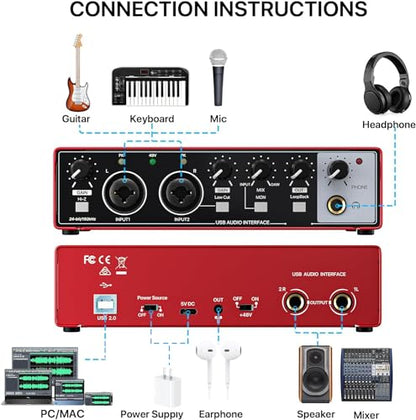 EBXYA 2x2 Audio Interface - 24-bit/192kHz USB Recording Sound Card