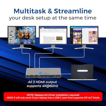 OREI DisplayLink Docking Station 3 Monitors – 3X 4K@60Hz HDMI – 6X USB (4X USB 3.0), Gigabit Ethernet, 100W PD, AUX – Triple Monitor Docking Station with Win & Mac Support | 3x 4K@60hz Multi Monitor – 6x USB, Ethernet, SD/TF, 100W PD, Audio/Mic – Laptop D