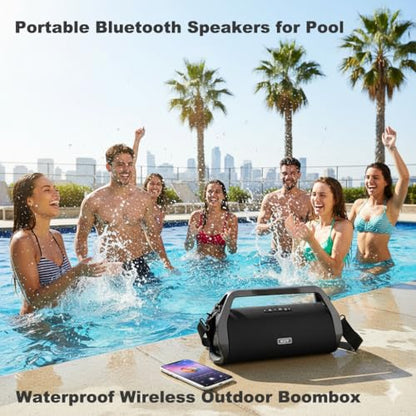 80W Loud Boombox Outdoor Speaker, IP66 Waterproof & Dustproof | Bluetooth/AUX/USB/Mic Inputs, Punchy Bass, Strap & Handle, No Lights, for Yoga Instructors, Meditation, Pilates, Fitness
