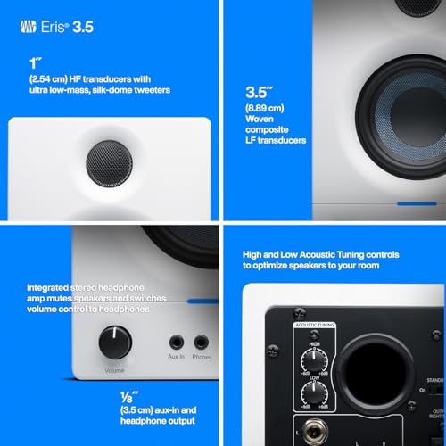 PreSonus Eris 3.5 Powered Studio Monitors, Pair —| | 50W, Woven-Composite Woofer, Silk-Dome Tweeter, White - color: White, size: 3.5"