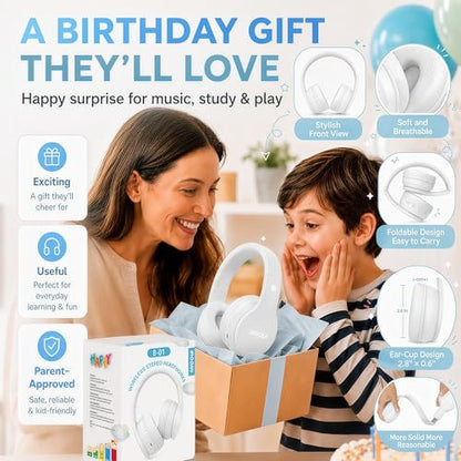 MIDOLA Kids Headphones Bluetooth 5.4 Wireless 68H Play Time Volume Limit 85/94dB Over-Ear Foldable Headset,Type-C Fast Charging, Wired Aux Mic for Toddler Child Pad Tablet White | Adjustable Headband Foldable Over-Ear Lightweight Headsets for Toddler Girl