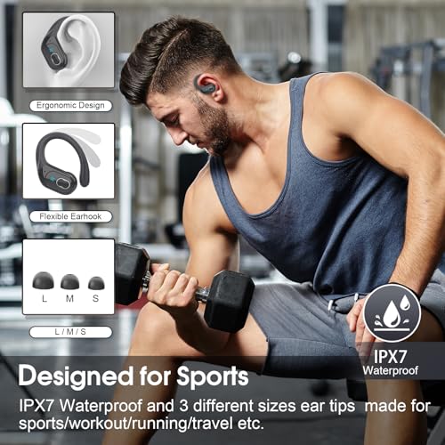 Aptkdoe Wireless Earbuds 75H Bluetooth 5.4 Sport Headphones with Earhooks | IPX7 Waterproof In-ear Buds Feature ENC Noise Cancelling Mic. Stereo Sound Device for Gym Running Workout, Iron Gray - color: Iron Gray
