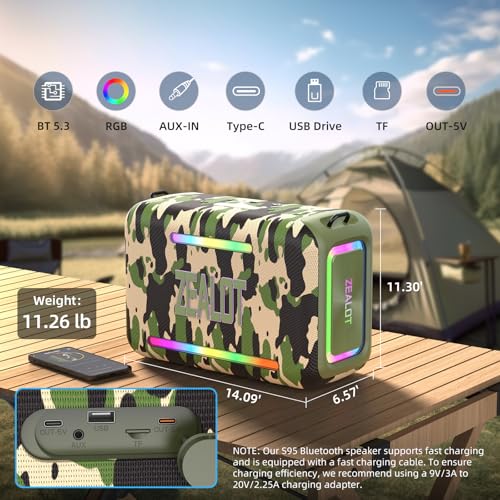 ZEALOT 120W RMS/150W Peak Bluetooth Speaker, Portable Wireless Speakers IPX6 Waterproof Bluetooth Subwoofer Speaker with LED Light, 40H Playtime, Custom EQ, Stereo TWS Pairing for Outdoor, Party-Camo - color: Camouflage