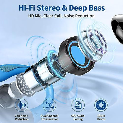 Wireless Earbuds, 2026 Bluetooth 5.4 Headphones, ENC Noise Canceling Mic | 60Hrs+ Stereo Wireless Headphones, IP7 Waterproof Bluetooth Earbuds, Sport Earhooks, Dual LED Display, for Workout, Running - color: comb blue