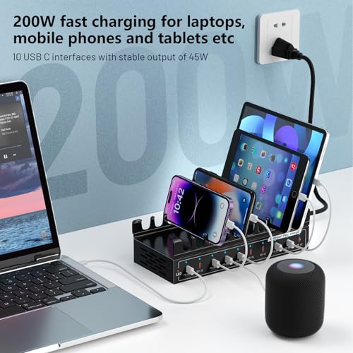 200W USB C Charging Station 10-Port Fast Charger for Multiple Devices, PD/QC Desktop Charging Hub for MacBook iPhone iPad Phones