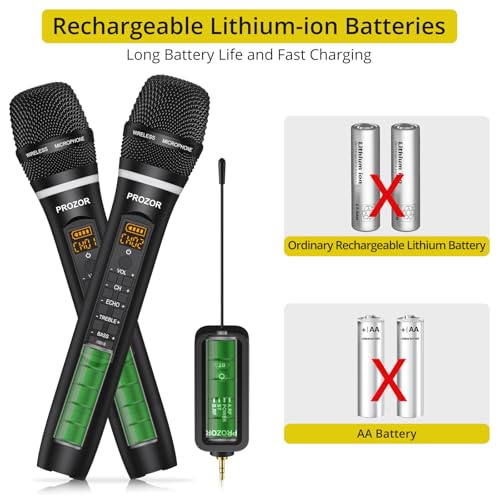 PROZOR UHF Wireless Microphone with Volume Treble Bass Echo Control, Wireless Rechargeable Mic Dual Handheld Dynamic Mic System with Rechargeable Receiver, for Karaoke Machines, DJ, Church, Weddings - style: Rechargeable Portable Bluetooth UHF Mic – Echo