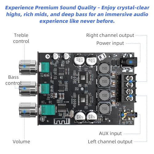 ZK-1002T Bluetooth 5.0 Stereo Amplifier Board, 200W HiFi 2.0 Channel Mini Audio Amp Module with Treble & Bass Control, AUX Input, DC 12V-24V for DIY Speakers,Home Audio - color: ZK-1002T