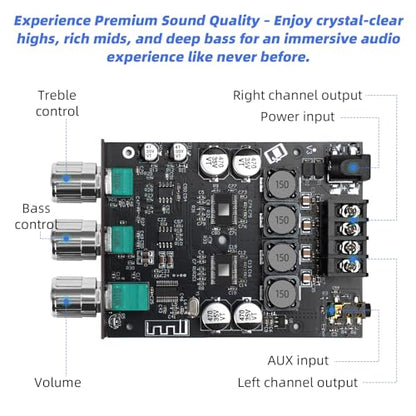ZK-1002T Bluetooth 5.0 Stereo Amplifier Board, 200W HiFi 2.0 Channel Mini Audio Amp Module with Treble & Bass Control, AUX Input, DC 12V-24V for DIY Speakers,Home Audio - color: ZK-1002T