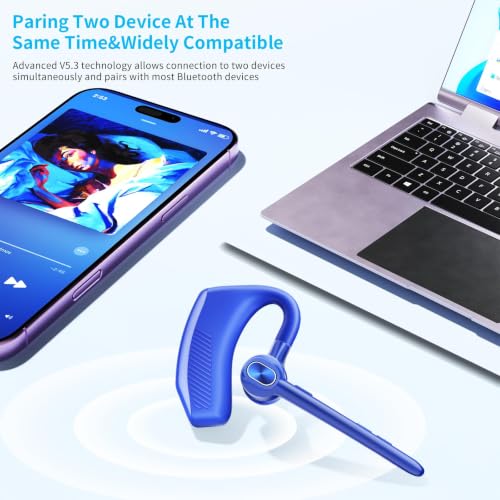 Bluetooth Headset Wireless Earpiece Single Ear Headset with Microphone | 180H Playtime 1000mAh Charging Case Wireless Charging LED Display Handsfree for iPhone Android PC Computer Trucker Drivers - color: Blue