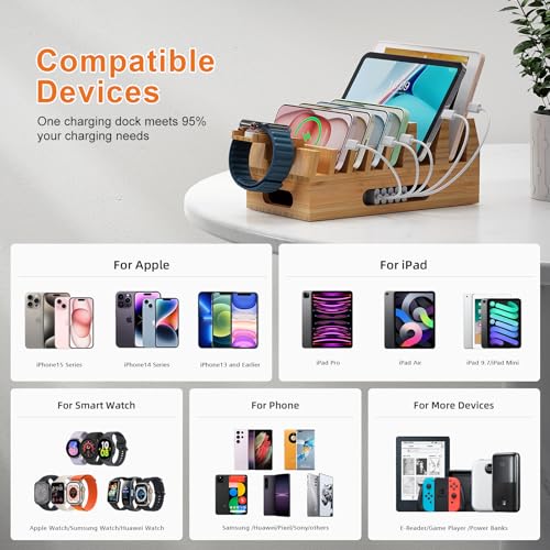 Pezin & Hulin Bamboo Charging Station with 5 Cables-Natural Bamboo | Wood Desktop Docking with Watch Holder for Phone, Tablet & Watch – Charge 7 Devices at Once, 5 Cables Included (No Adapter) - color: Dock Stand +Cables