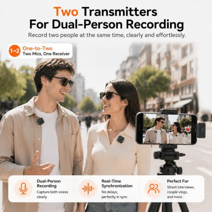 Wireless Lavalier Microphone for iPhone/Android/Camera, Mini Mic with 2 TX + 1 RX + Charging Case, Noise Cancelling, 48H Battery, 250M Range, Plug-Play for Content Creators/Vlogging Live Streaming - color: soot black