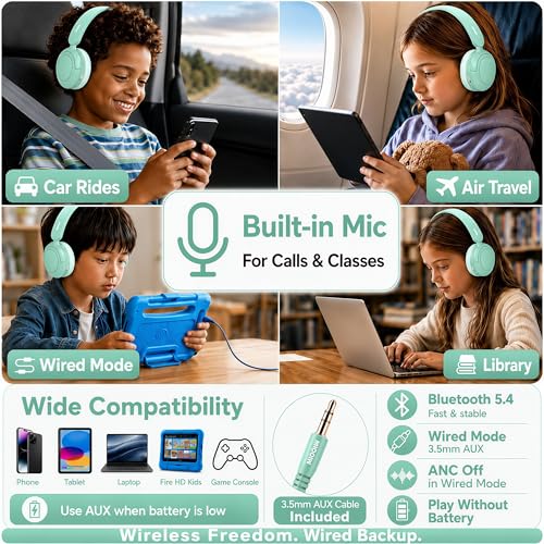 MIDOLA Kids Bluetooth Headphones Wireless,ANC,68H,Safe Volume Limit 85/94dB | Adjustable Headband Foldable Over-Ear for Toddler Girls Boys Tablet/iPad,HD Stereo,Built-in Mic,Green - color: Mint Green