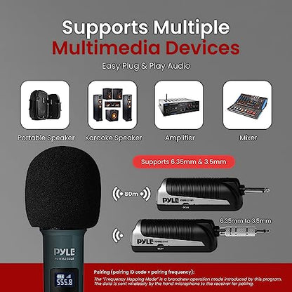 Pyle Portable UHF Band Receiver System, 4 Channel Wireless Microphone System Independent Channel Controls, RF Signal LCD Indicator, Digital Audio Microphone Set with 4 Handheld Microphones - style: 4UHF-GREEN