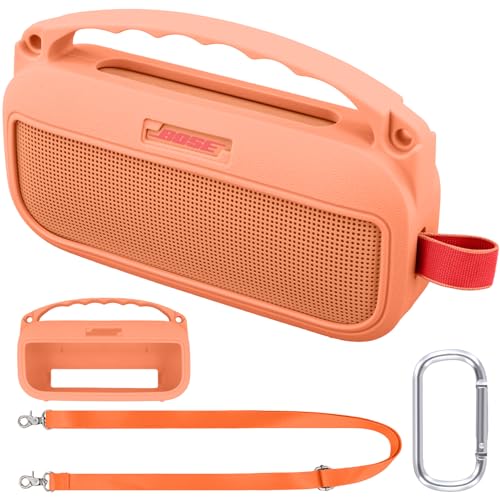 co2CREA Soft Silicone Case for Bose SoundLink Flex 2nd Gen, Orange | Skin-Friendly Handle, Adjustable Shoulder Strap, Crossbody Carrying, Aluminum Carabiner, Lightweight - color: Orange Case