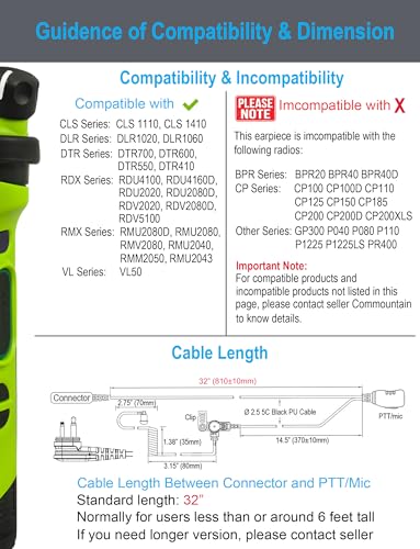 commountain Earpiece for Motorola Walkie Talkies CLS1110 RMU2080D RMU2040 | Also Fits CLS1410 DTR DLR RDU RMM Series 2-Pin Radios, Acoustic Tube Surveillance Headset, Noise Reducing PTT Mic
