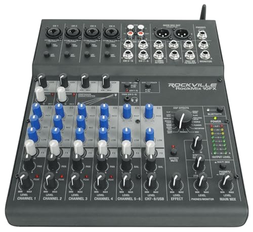 Rockville ROCKMIX 10FX USB Mixer/Interface with Mics and Headphones | USB Interface, 4 RCM PRO Condenser Mics, 4 PRO-M50 Headphones, 4 RDTS Stands, RHPA4 Headphone Amp, 6' TRS Cable, 15-items