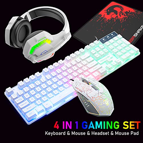 Wired Gaming Keyboard and Mouse Headset Combo,Rainbow LED Backlit Wired Keyboard,Over Ear Headphone with Mic,Rainbow Backlit Gaming Mice,Mouse Pad,for PC,Laptop,Mac,PS4,Xbox(White) - color: White