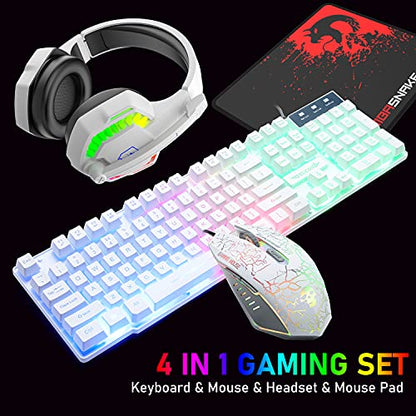 Wired Gaming Keyboard and Mouse Headset Combo,Rainbow LED Backlit Wired Keyboard,Over Ear Headphone with Mic,Rainbow Backlit Gaming Mice,Mouse Pad,for PC,Laptop,Mac,PS4,Xbox(White) - color: White