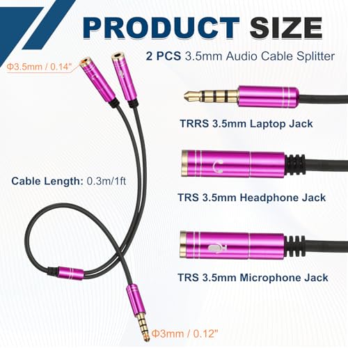 MECCANIXITY Audio Cable Splitter, 3.5mm Male to Dual 3.5mm Female Y Splitter Microphone and Audio Jack Adapter for PC Laptop Smartphone, 1ft, Pink - color: Pink