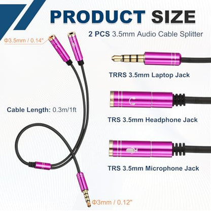 MECCANIXITY Audio Cable Splitter, 3.5mm Male to Dual 3.5mm Female Y Splitter Microphone and Audio Jack Adapter for PC Laptop Smartphone, 1ft, Pink - color: Pink