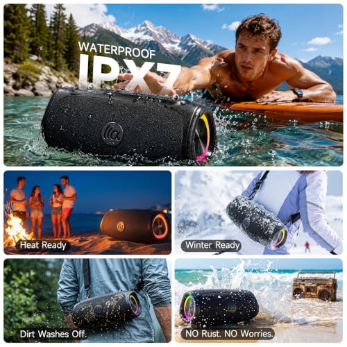 TAZATA Bluetooth Speaker Wireless, 90W Peak Loud Boombox Outdoor Speakers | IPX7 Waterproof, Bass Boost, BT5.3, Broadcast Pairing, 95dB Large Subwoofer, 20H/3.5mm AUX, Portable Speaker for Party, Beach - color: Black