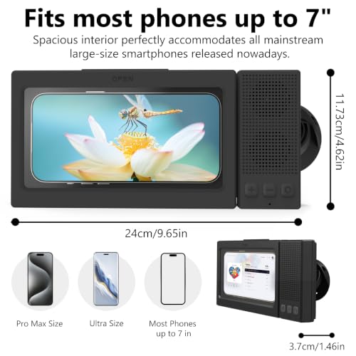 Shower Phone Holder with Wireless Bluetooth Speaker,- 480°Rotatable Retractable Adjustable Shower iPhone Case, Bathroom Wall Phone Stand Water Proof Anti Fog,Accessories for 4-7"Cellphones (Black)