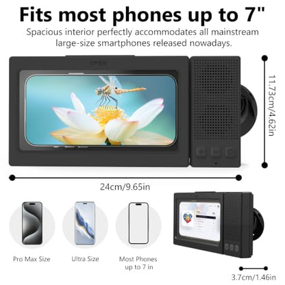 Shower Phone Holder with Wireless Bluetooth Speaker,- 480°Rotatable Retractable Adjustable Shower iPhone Case, Bathroom Wall Phone Stand Water Proof Anti Fog,Accessories for 4-7"Cellphones (Black)
