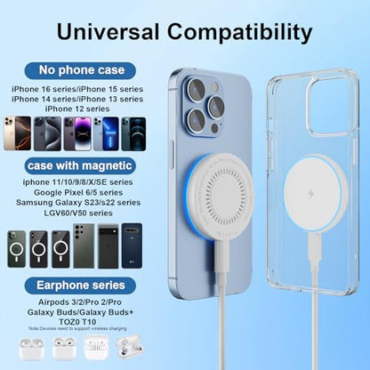MagSafe Charger 15W Magnetic Wireless Charger Fast Charging Pad Compatible with iPhone 17/16/15/14/13/12 Series & AirPods 4/3/2/Pro Magnetic MagSafe Charging Pad with Dual Ports | Two USB-C cables and two USB-A adapters, compatible with iPhone 17/16/15/14