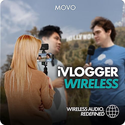 Movo iVlogger Wireless Vlogging Kit for iPhone with Dual Wireless Lavalier Microphone, Tripod, Phone Mount, LED Light, Wireless Remote, and WHX-HM Mic Handle - Wireless YouTube Starter Kit for iPhone