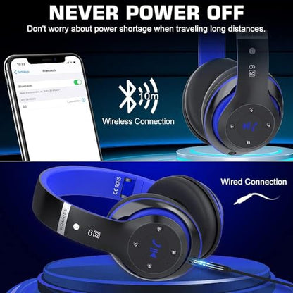 6S Bluetooth Headphones Over-Ear, Hi-Fi Stereo Foldable Wireless Stereo Headsets Earbuds with Built-in Mic, Volume Control, FM for iPhone/Samsung/iPad/PC (Blue) - color: Blue