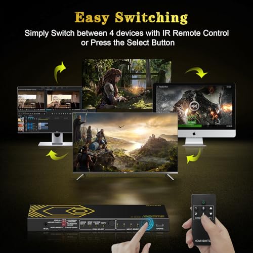 8K@60Hz 4K@120Hz HDMI2.1 Switch 4 in 1 Out with eARC,ARC Audio Extractor,7.1Ch,SPDIF 5.1Ch,48Gbps,HDCP2.3 Bypass,VRR,IR,3D,HDR 10,Dolby Atmos,Compatible with QLED TV,PS5,Xbox,Sonos Soundbar,Apple TV