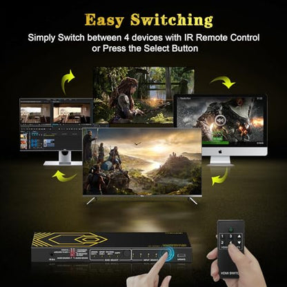 8K@60Hz 4K@120Hz HDMI2.1 Switch 4 in 1 Out with eARC,ARC Audio Extractor,7.1Ch,SPDIF 5.1Ch,48Gbps,HDCP2.3 Bypass,VRR,IR,3D,HDR 10,Dolby Atmos,Compatible with QLED TV,PS5,Xbox,Sonos Soundbar,Apple TV